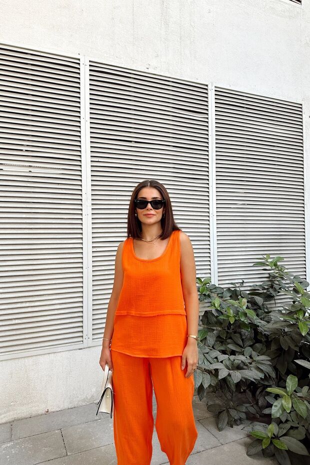 Orange Imported Muslin Fabric, Basic, Layered, Loose Strap Blouse & Undershirt - 4