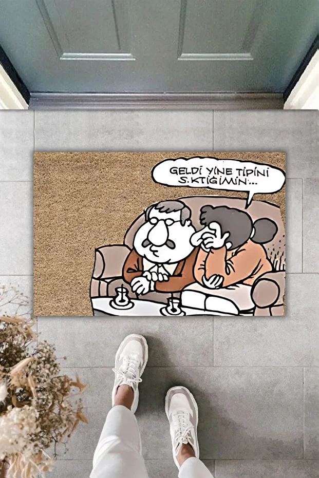 Modern Dijital Baskı Paspas - Karikatür - Geldi Yine Tipini.. - Mizah  - Kapı Önü Paspas - Kahve Fon - 1