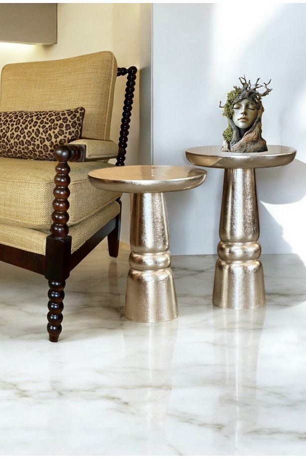 Ahşap 2’li Set Handmade Mantar Yan Sehpa Modern Gümüş Renk Varak Jelatin Fiskos Zigon Çiçeklik - 3