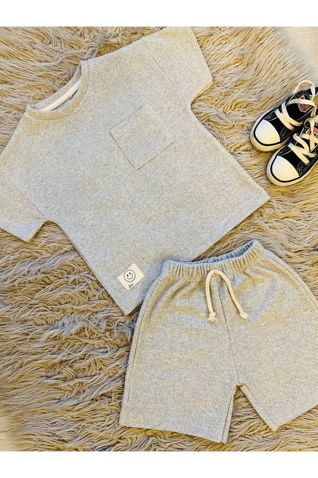 Waffle Fabric Tshirt Shorts Male Child 2 Pcs Set