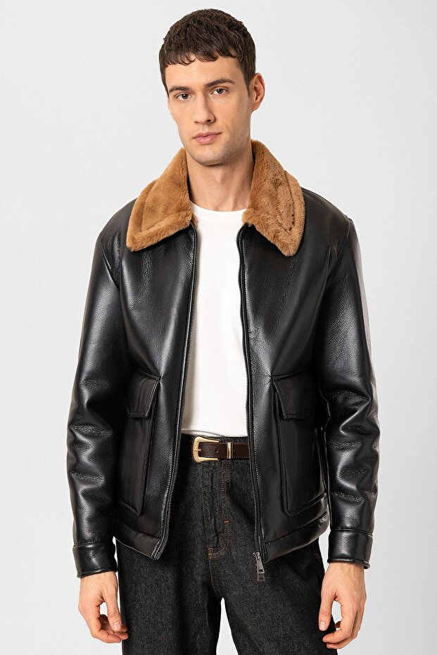 Black/Brown Lining Detailed Faux Leather Coat