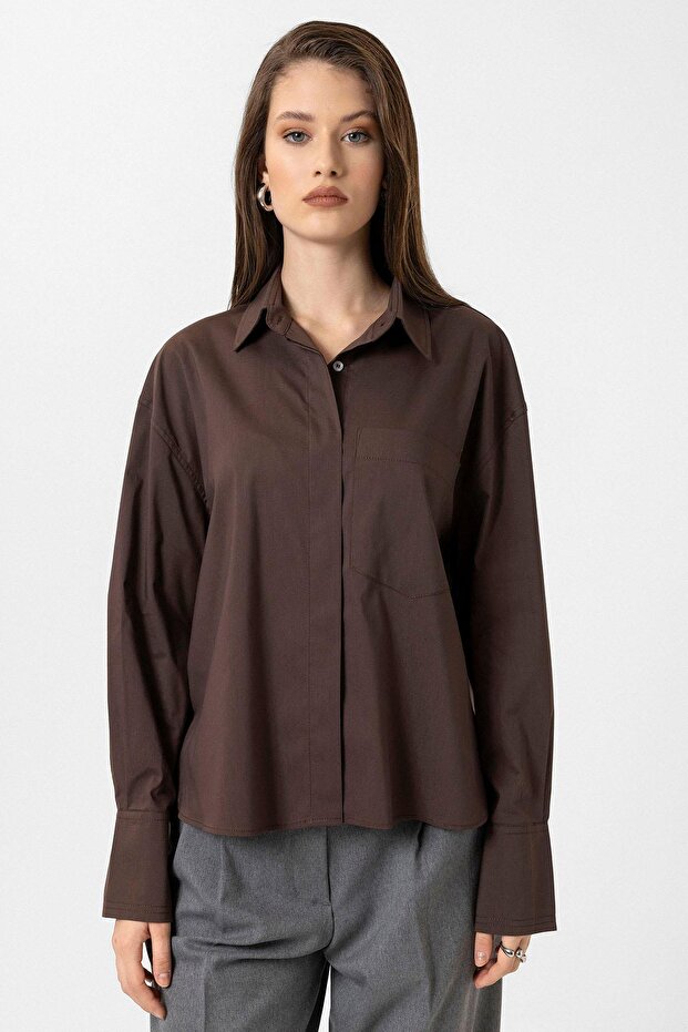Kahve Kadın Basic Oversize Gömlek - 2
