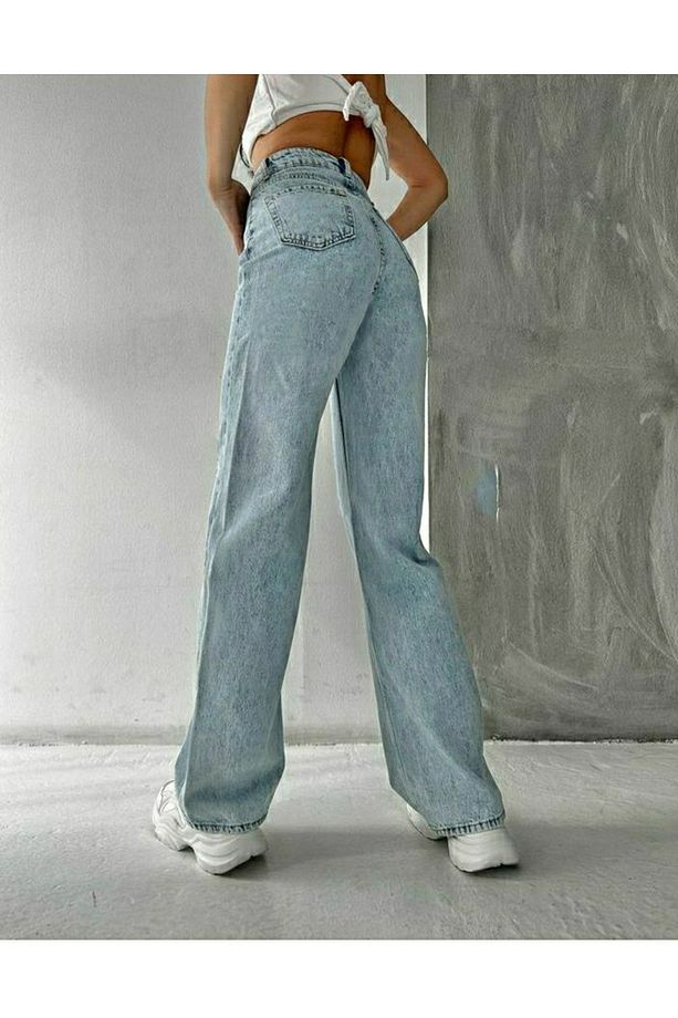 Milano Gizem Julia 90's Lara Power Likralı Kadın Açık Mavi Kar Yıkama Yüksek Bel Salaş Paça (NEW) - 2
