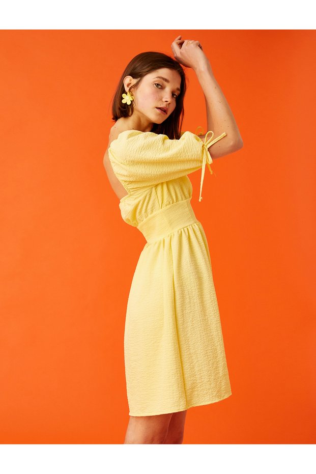 Women's Balloon Sleeve Heart Collar Mini Dress 2yal88004ıw