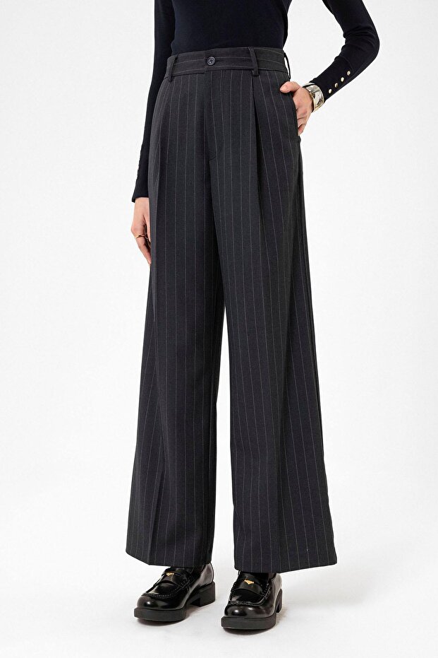 Women's High Waist Pleated Striped Trousers