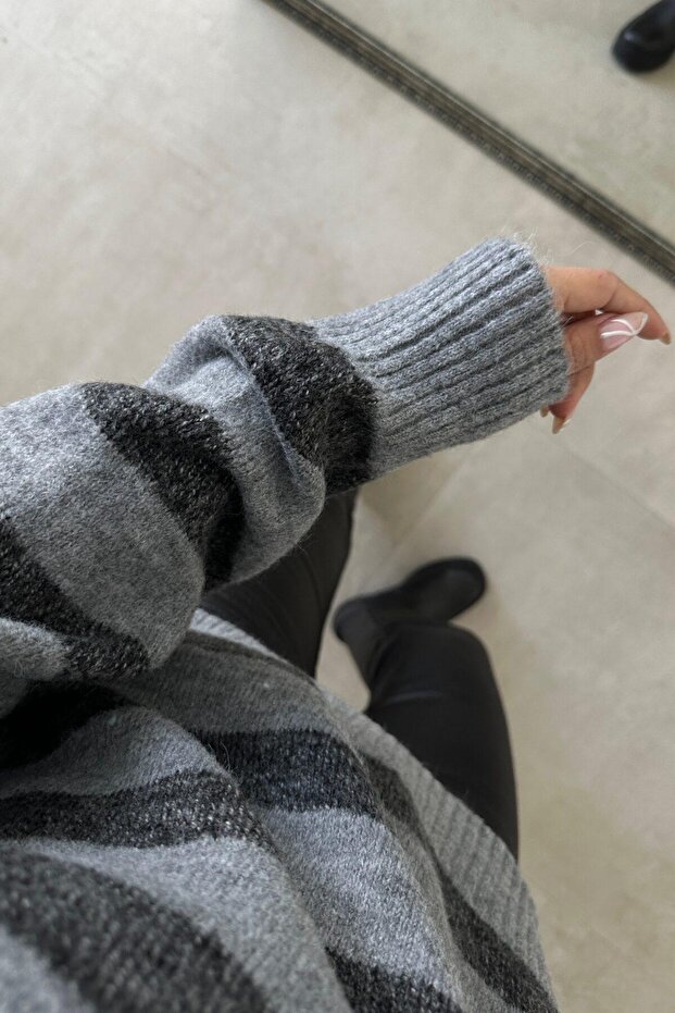 Antrasit - Çizgili Düğmeli Kazak - 3