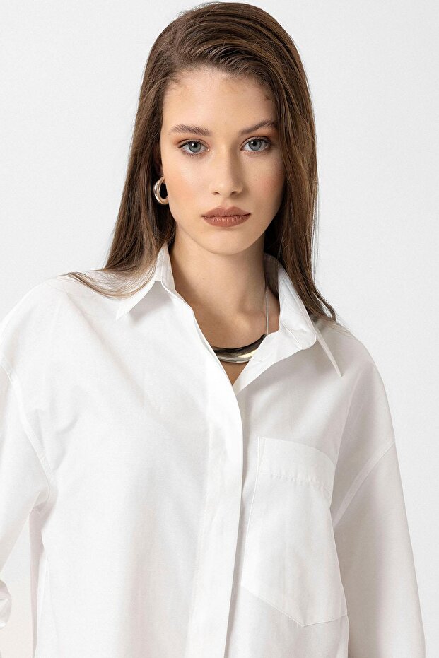 Beyaz Kadın Basic Poplin Gömlek - 5