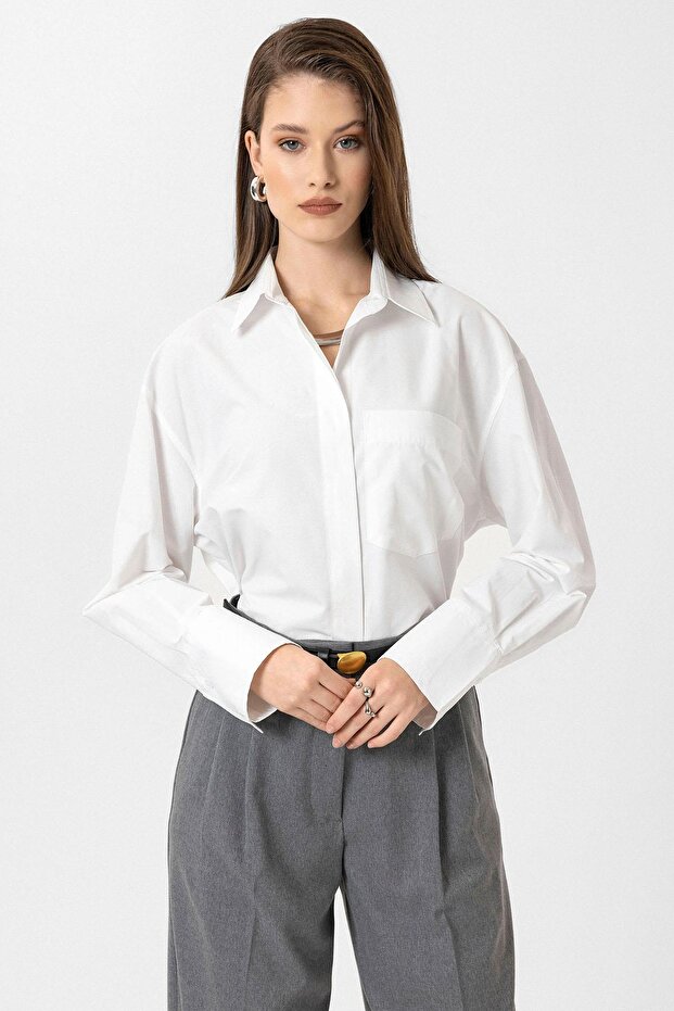 Beyaz Kadın Basic Poplin Gömlek - 3