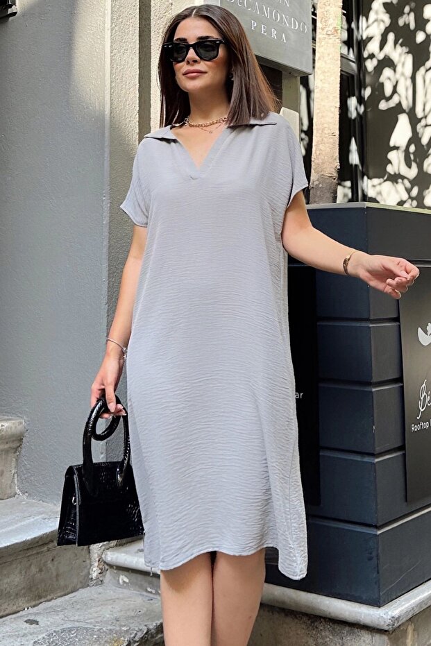Gray Short Sleeve, Polo Collar, Textured Fabric, Basic Fit/Cut, Aerobin Comfortable Midi Dress