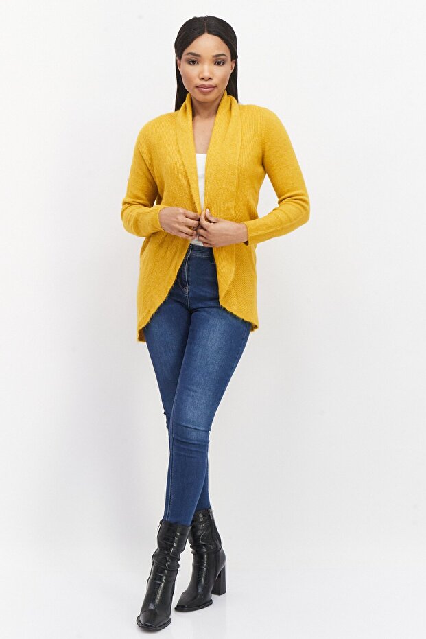 Women Split Neck Long Sleeve Textured Open Front Cardigan, Mustard - 2