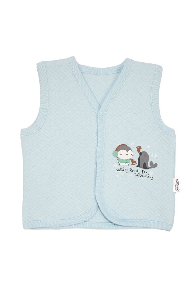 Baby Boy Blue Quilted Penguin Patterned Snap Fastener Combed Cotton Vest