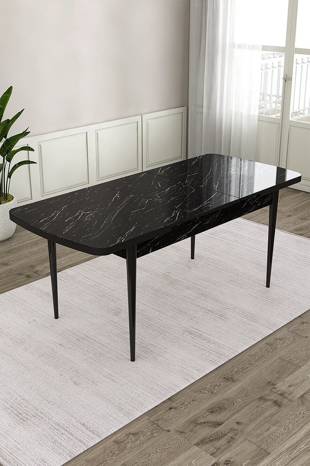 Exve Serisi 80x132 Açılabilir Siyah Mermer Desen Masa Takımı ve 6 Cappucino Sandalye - 3