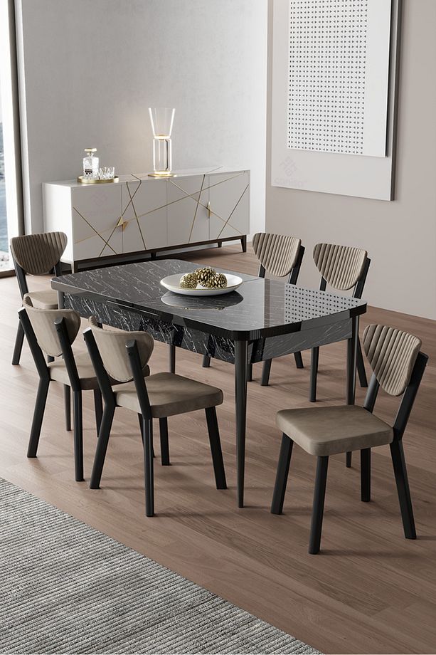 Exve Serisi 80x132 Açılabilir Siyah Mermer Desen Masa Takımı ve 6 Cappucino Sandalye - 1