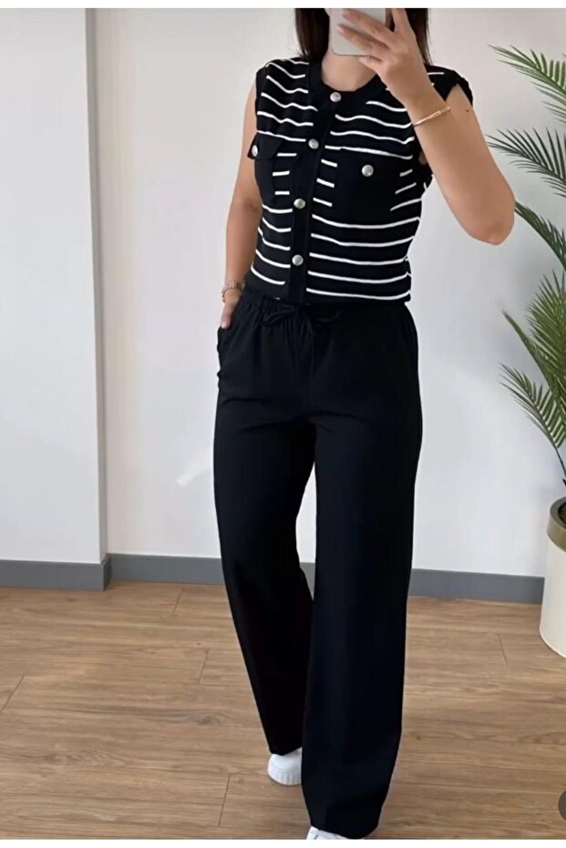 Women's Waisted Elastic Top Line Fabric Palazzo Pants