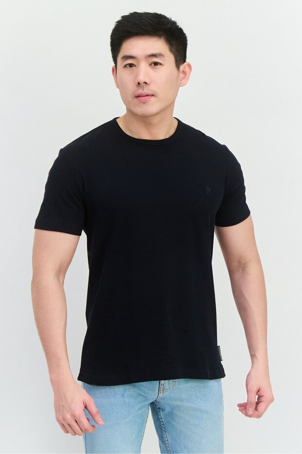 Men Crew Neck Short Sleeves Brand Logo T-Shirt, Dark Navy Blue