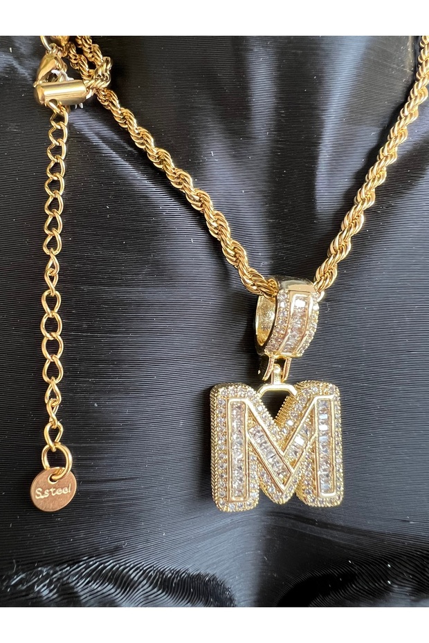 M Harf Çelik Kolye Taşlı 60 Cm - 2