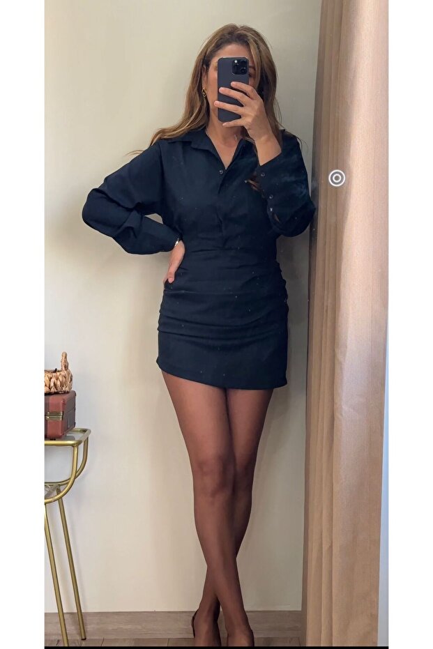 LACİVERT DRAPELİ MİNİ ELBİSE - 1