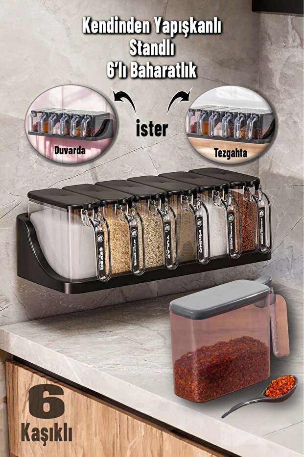6-Piece Spice Rack Set with Stand, Self-Adhesive Lid and Spoon - Spice Rack Stand with Handle - 2