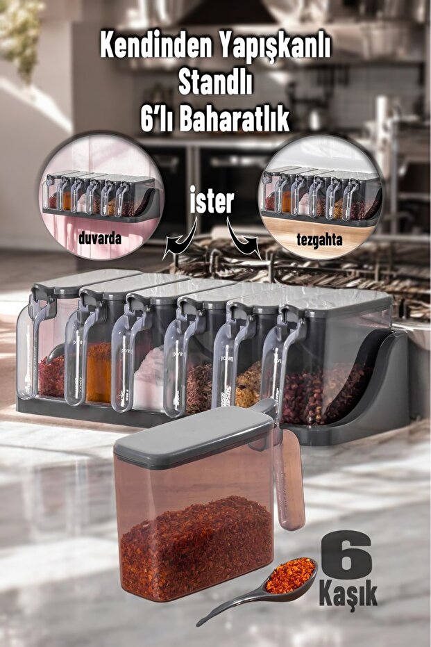 6-Piece Spice Rack Set with Stand, Self-Adhesive Lid and Spoon - Spice Rack Stand with Handle - 3