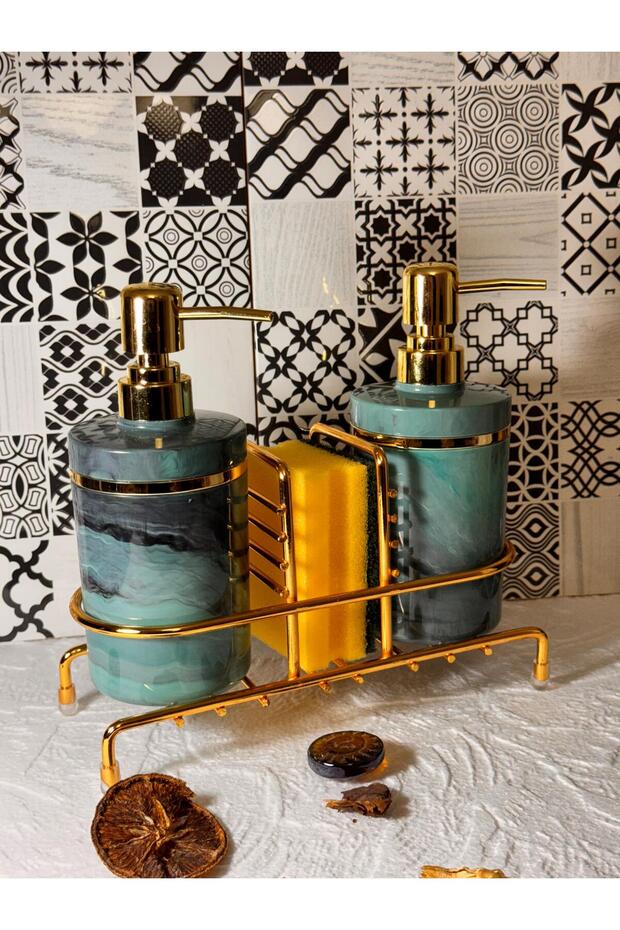 Luxury Marble Patterned Turquoise Color Gold Detail Stand Sponge 2-Piece Detergent Dispenser/Soap Dispenser
