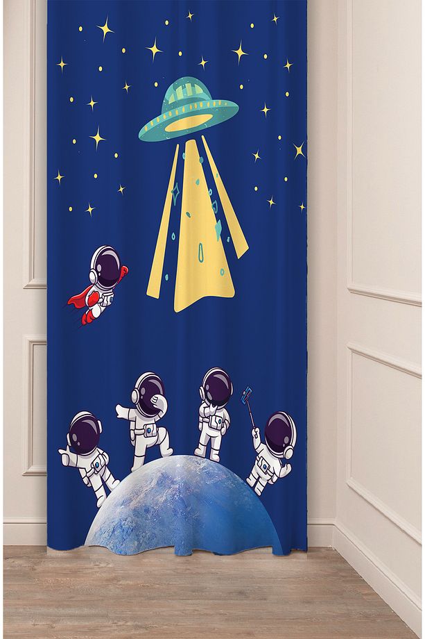 Astronot Uzay Gezegen Ay Yıldız Özel Tasarım Dijital Baskılı (Tek Kanat) Modern Çocuk Oda Fon Perde - 1