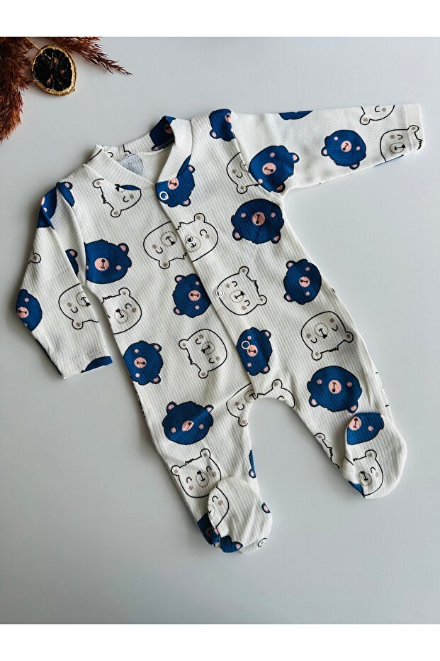 Baby Boy Jumpsuit 100% Cotton Bear Printed Flexible Comfortable Daily Jumpsuit with Snap-On Booties