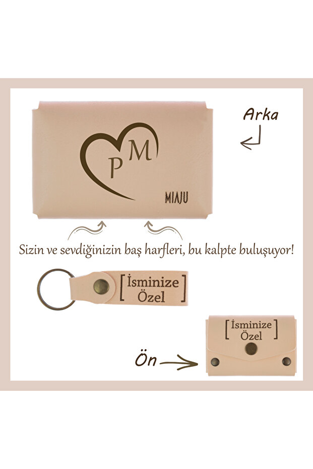Powder Color, Name and Letter Customized Heart Patterned Wallet & Keychain Set, the Most Meaningful Gift for Your Lover