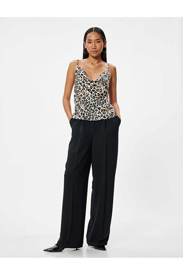 Leopard Patterned Blouse Satin Rope Strap Degaje Collar - 1
