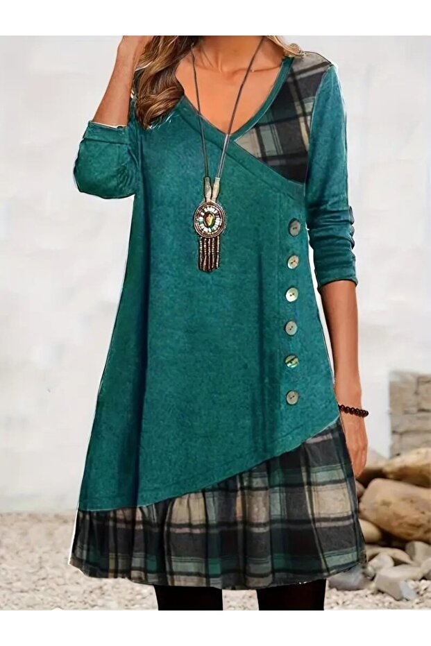 Women's Long Sleeve V Neck Wool Viscose and Print Single Jersey Dress
