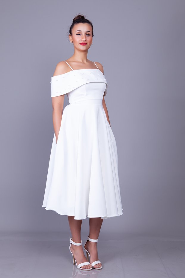 Pearl Detail Boat Neck Strap Midi Length Evening Dress