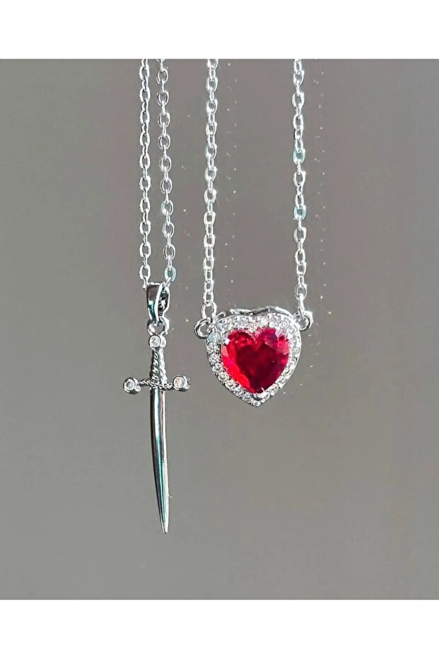 Çelik Kalp Kılıç Çift Kolyesi - 6