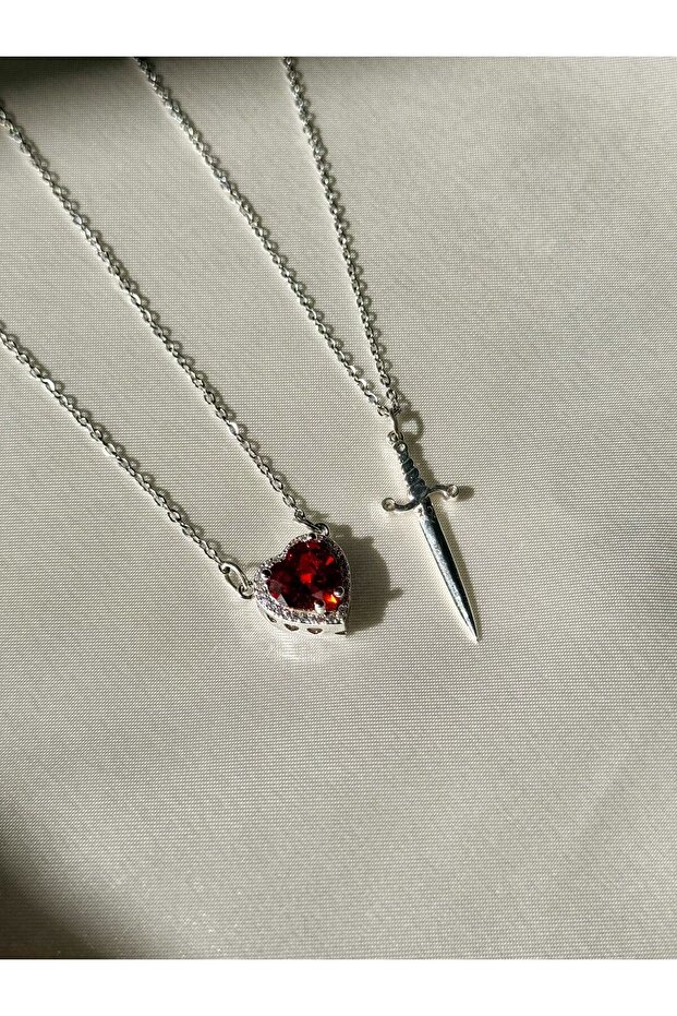 Çelik Kalp Kılıç Çift Kolyesi - 3