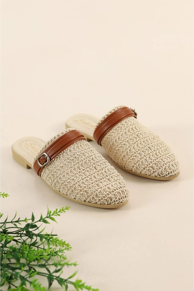 Belt Detailed Knitted Design Women's Slippers Dowry House Slippers