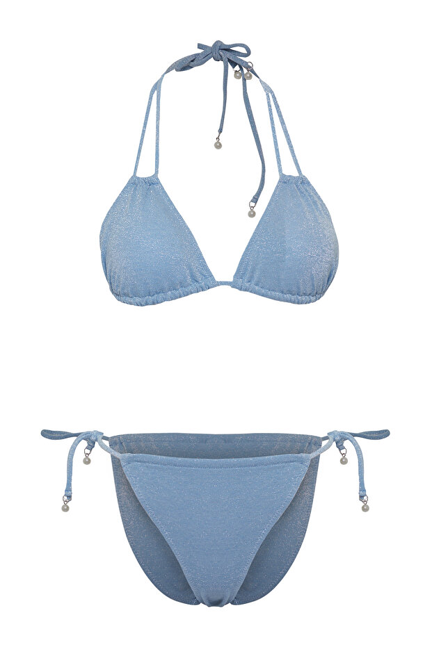 Mavi Aksesuarlı Üçgen Kaplı Brazilian Düşük Bel Bikini Takımı TBESS25BT00018 - 5