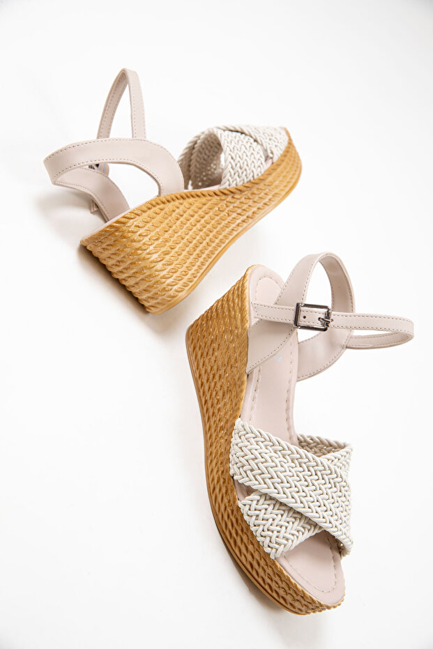 Beżowe damskie buty na koturnie 17050 - 1