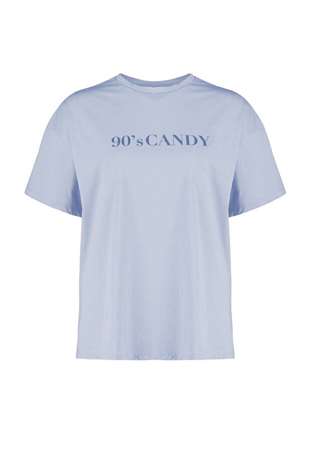 Mavi Geniş Kalıp Baskılı Bisiklet Yaka %100 Pamuk Örme T-shirt TBBSS23BF00015 - 7