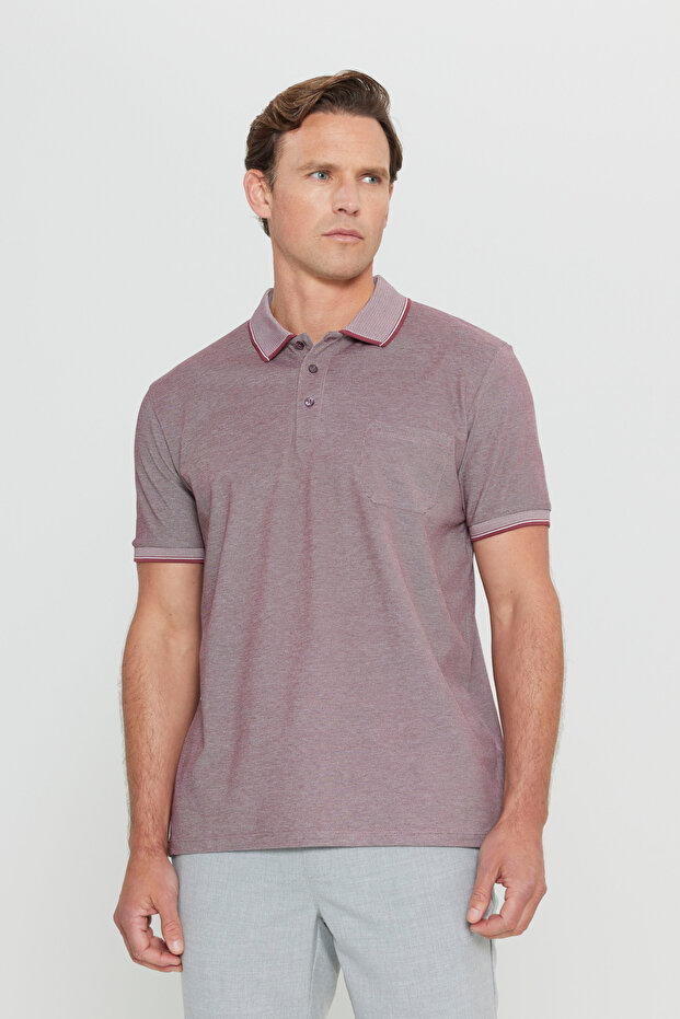 Erkek Çekmeyen Pamuklu Kumaş Regular Fit Rahat Kesim Bordo Kıvrılmaz Polo Yaka Cepli Tişört - 1