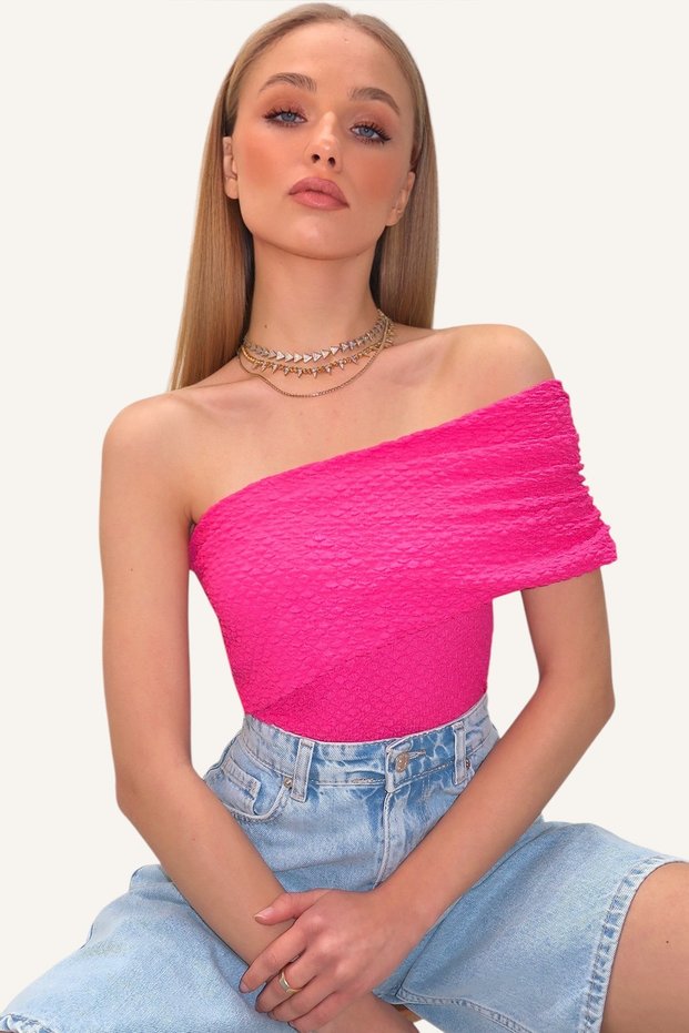 Women's Fuchsia Madonna Collar Waist Draped Seersucker Fabric Blouse Alc-X13467
