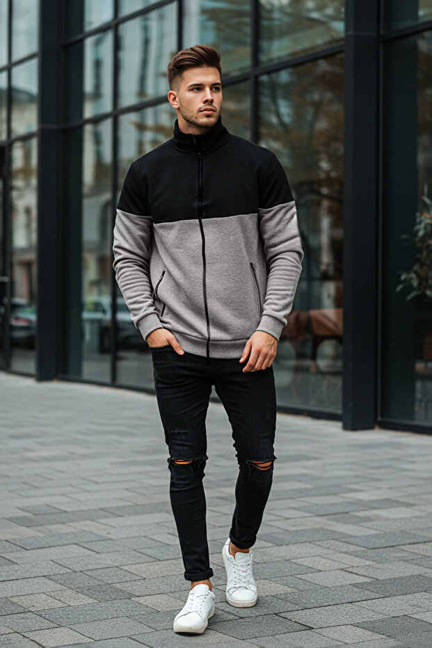 Antracitová mikina Regular/Normal střih na zip s fleecem uvnitř/teplý svetr TMNAW22SW0720 - 1