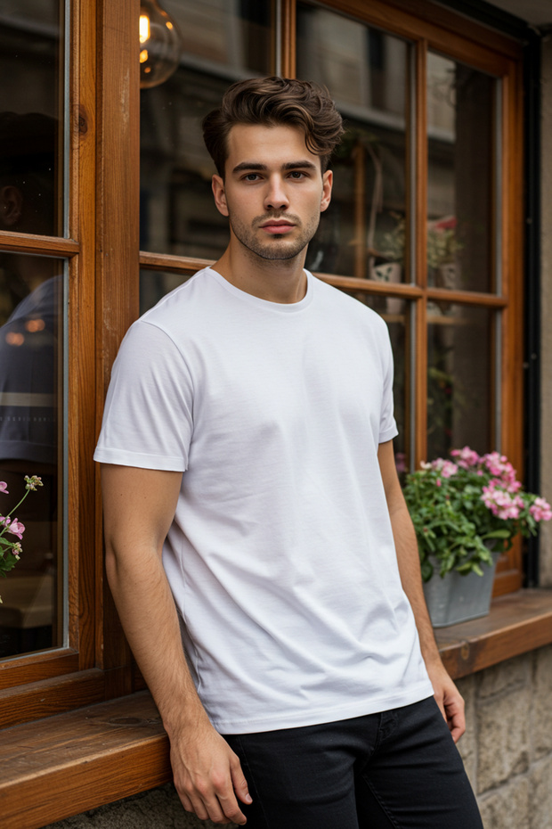 Beyaz Slim/Dar Kesim Kısa Kollu %100 Pamuklu Bisiklet Yaka T-Shirt TMNSS19BO0001 - 1