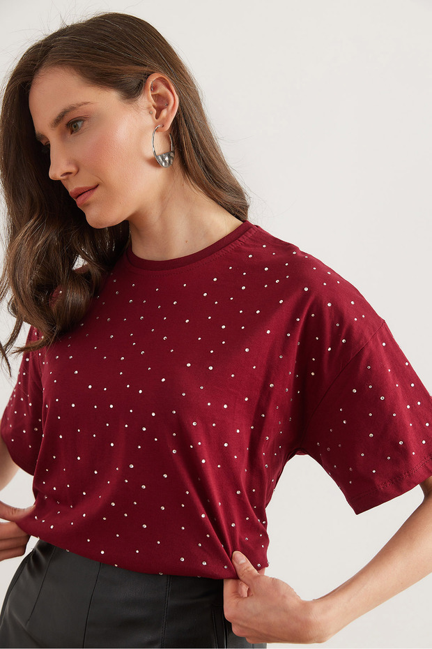 Women's Burgundy Print Stone Detail Regular Fit T-Shirt Tsh- 19000831