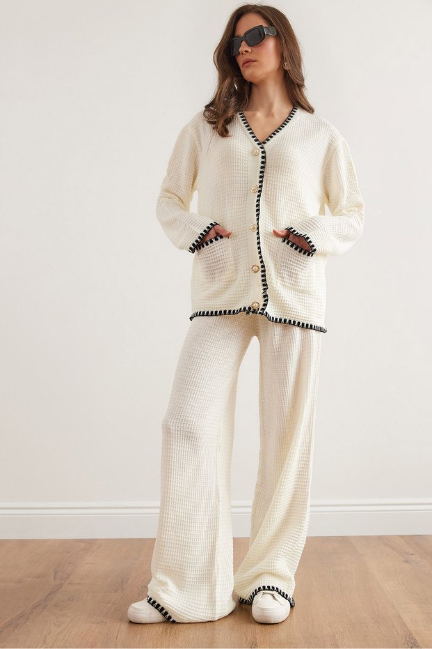Women's White Piping Detailed Top Cardigan Bottom Pants Knitwear Suit Tkm- 19000305
