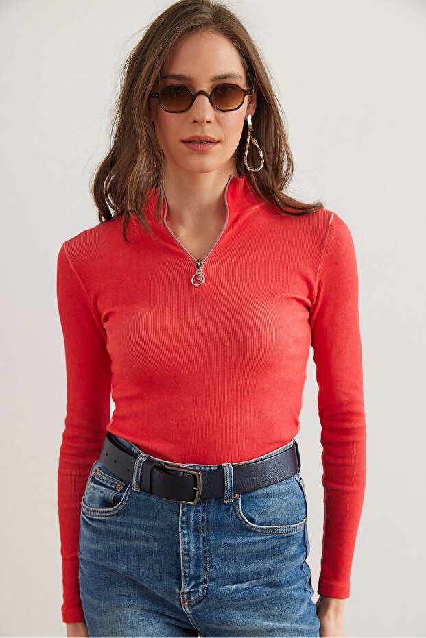 Women's Washed Coral Zipper Turtleneck Lycra Blouse Blz- 19001155