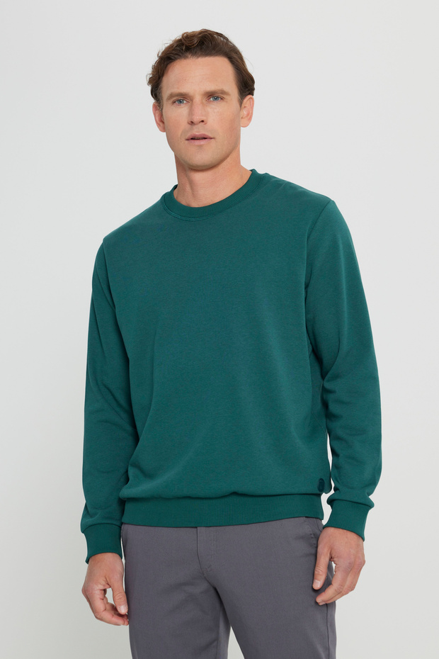 Erkek Koyu Yeşil Standart Fit Normal Kesim Bisiklet Yaka 3 Iplik Pamuklu Sweatshirt - 4