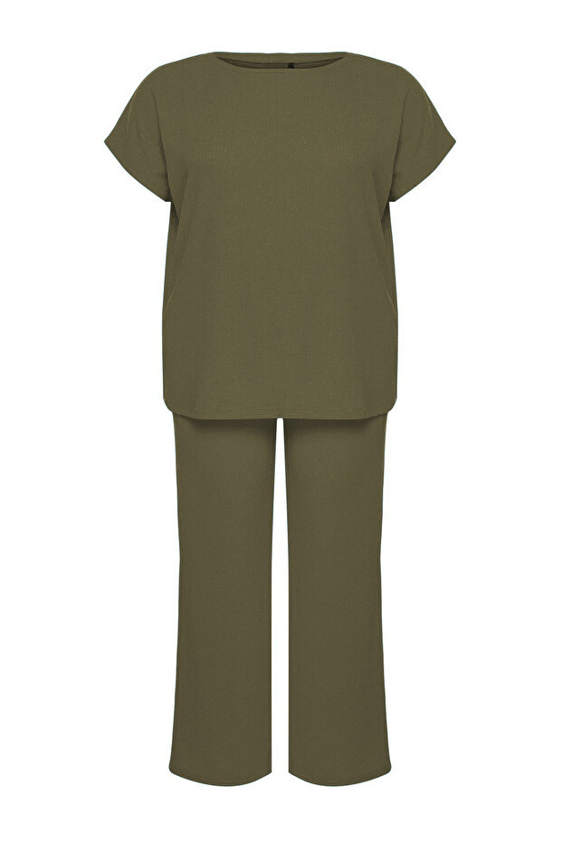 Haki Bisiklet Yaka Bürümcük Mevsimlik T-shirt -Pantolon Alt-Üst Takım TBBSS24CP00003 - 6
