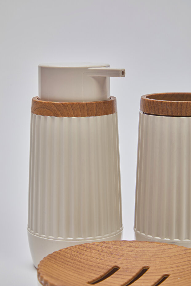 3lü Plastik Ahşap Görünüm Detaylı Sabunluk Banyo Seti TPHSS25BST00001 - 4