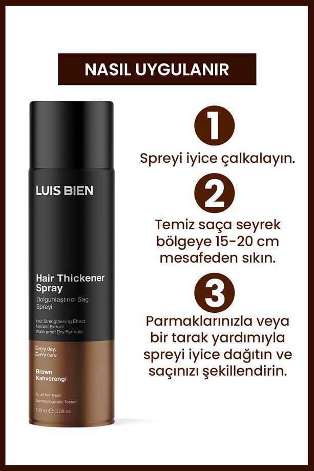 Dolgunlaştırıcı Saç Spreyi Kahverengi | Seyrek Saçları Kapatır & Yoğun Görünüm | 100ml - 3