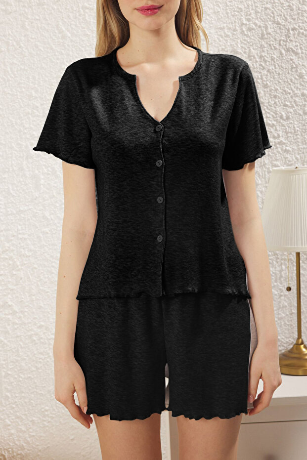 Siyah Düğmeli Fitilli Şortlu Örme Pijama Takımı THMSS25PT00006 - 2