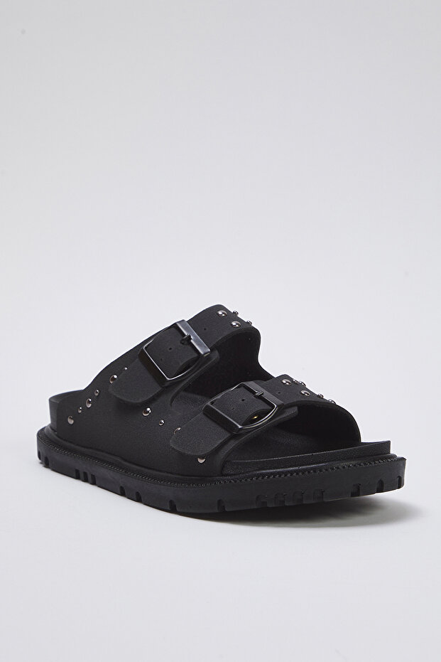 Μαύρες γυναικείες παντόφλες με διπλή πόρπη με μαύρο πριτσίνι TAKSS25TE00004 - 3