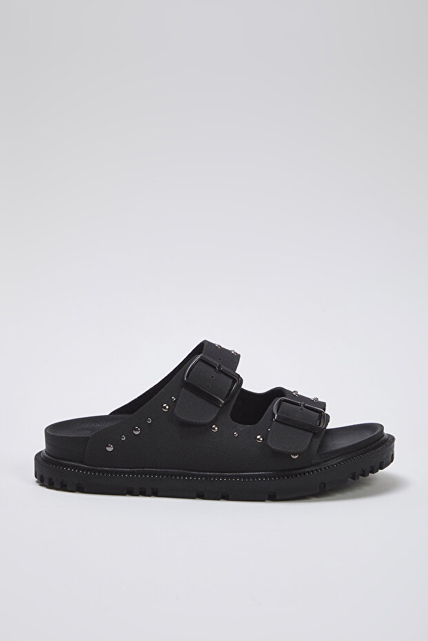 Μαύρες γυναικείες παντόφλες με διπλή πόρπη με μαύρο πριτσίνι TAKSS25TE00004 - 2